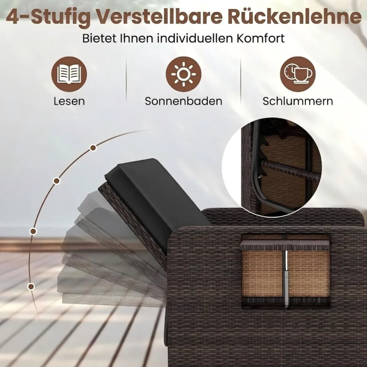 3 in 1 Lounge Möbel Rattan Gartenlounge Set mit Hocker Gartensofa mit Liegefunktion Weiß/Grau/Schwarz/Braun