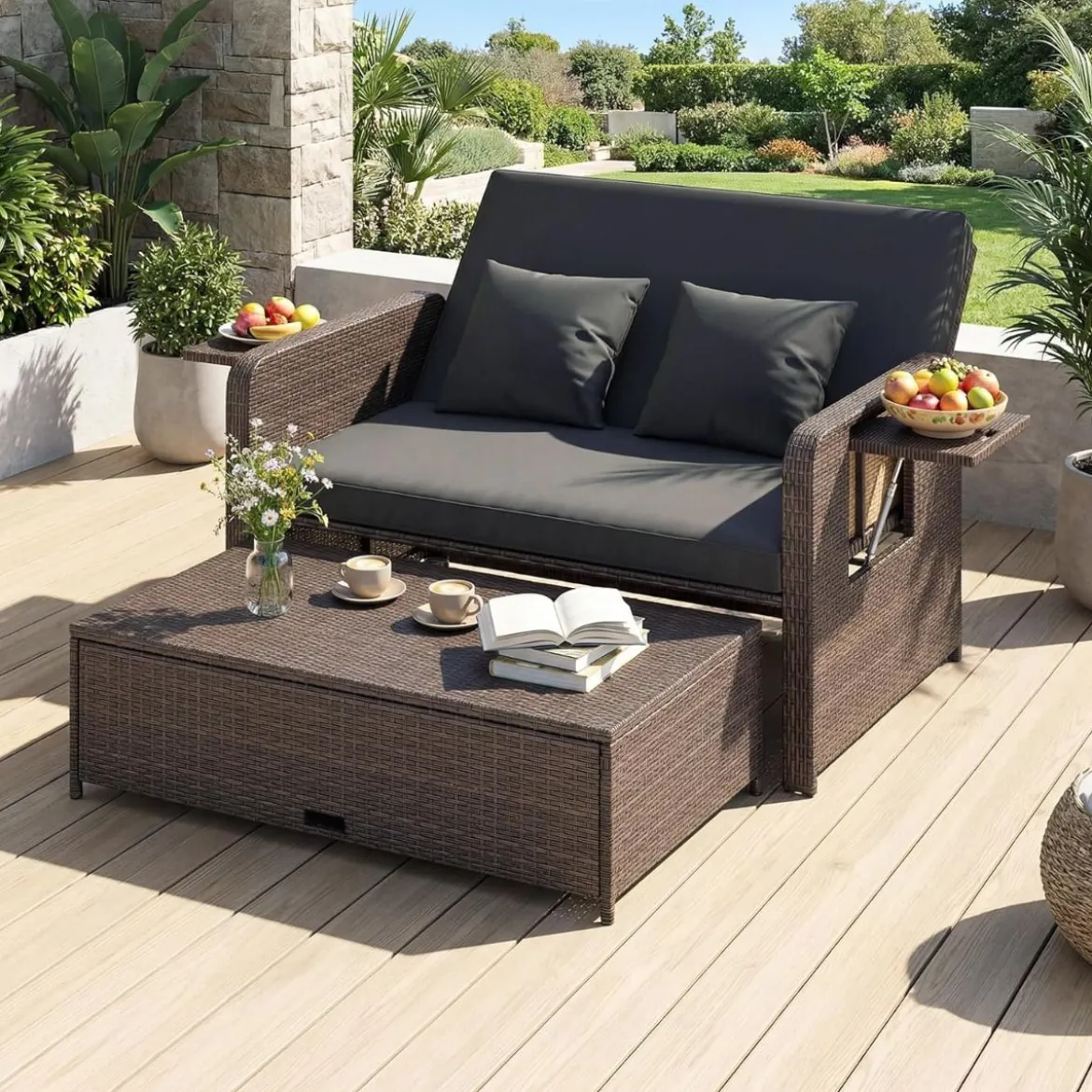 3 in 1 Lounge Möbel Rattan Gartenlounge Set mit Hocker Gartensofa mit Liegefunktion Weiß/Grau/Schwarz/Braun