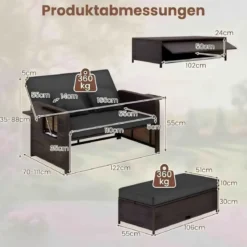3 in 1 Lounge Möbel Rattan Gartenlounge Set mit Hocker Gartensofa mit Liegefunktion Weiß/Grau/Schwarz/Braun