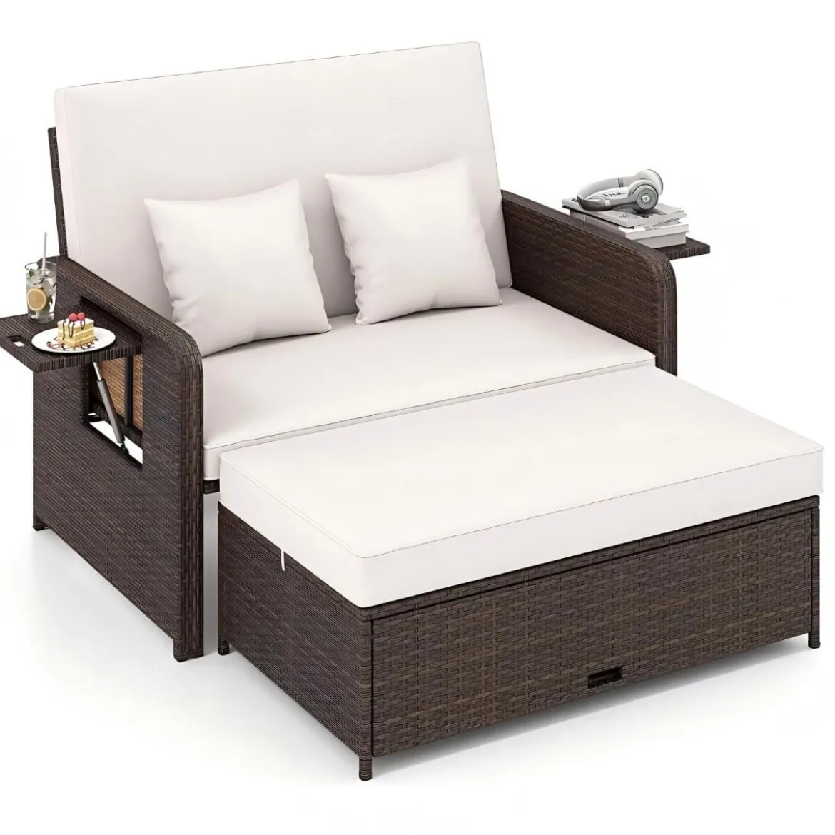 3 in 1 Lounge Möbel Rattan Gartenlounge Set mit Hocker Gartensofa mit Liegefunktion Weiß/Grau/Schwarz/Braun