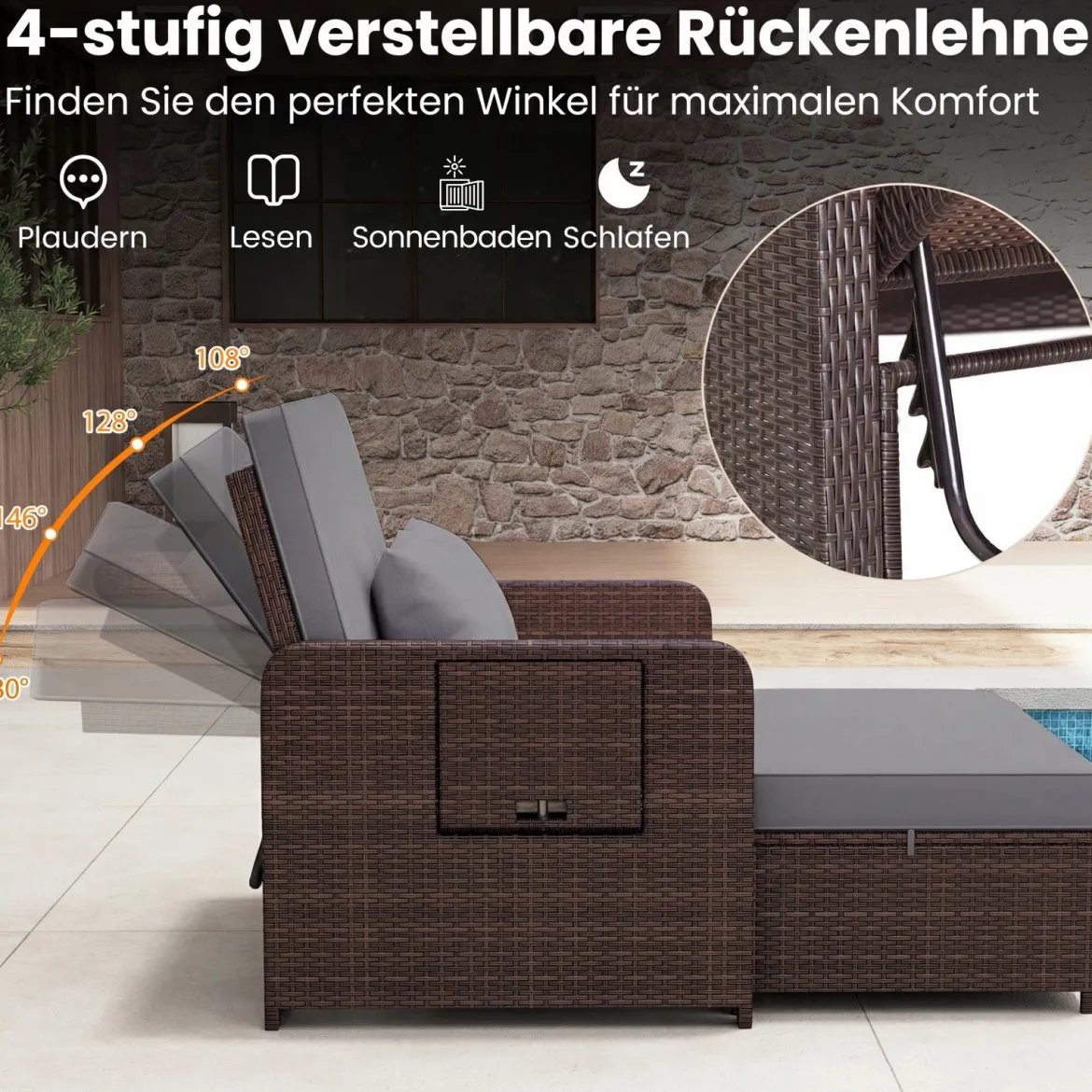 3 in 1 Lounge Möbel Rattan Gartenlounge Set mit Hocker Gartensofa mit Liegefunktion Weiß/Grau/Schwarz/Braun