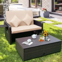 3 in 1 Lounge Möbel Rattan Gartenlounge Set mit Hocker Gartensofa mit Liegefunktion Weiß/Grau/Schwarz/Braun