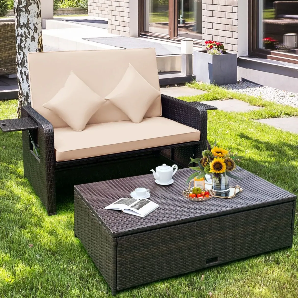 3 in 1 Lounge Möbel Rattan Gartenlounge Set mit Hocker Gartensofa mit Liegefunktion Weiß/Grau/Schwarz/Braun