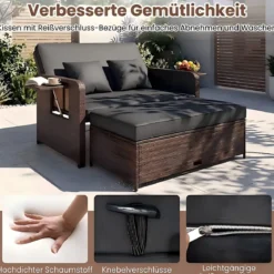 3 in 1 Lounge Möbel Rattan Gartenlounge Set mit Hocker Gartensofa mit Liegefunktion Weiß/Grau/Schwarz/Braun