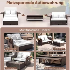 3 in 1 Lounge Möbel Rattan Gartenlounge Set mit Hocker Gartensofa mit Liegefunktion Weiß/Grau/Schwarz/Braun
