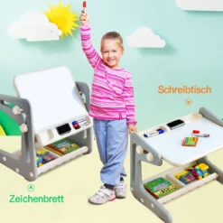 2 in1 Magnetische Maltafel&Zeichentisch mit Hocker Kinderschreibtisch Sitzgruppe