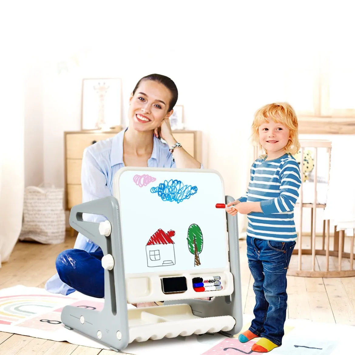 2 in1 Magnetische Maltafel&Zeichentisch mit Hocker Kinderschreibtisch Sitzgruppe