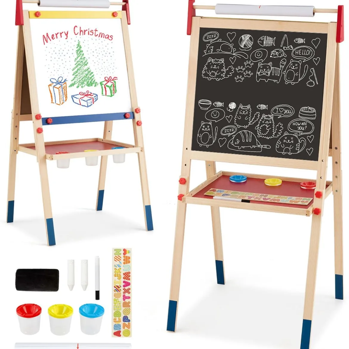 3-in-1 Maltafel für Kinder Doppelseitige Standtafel mit Whiteboard Natur
