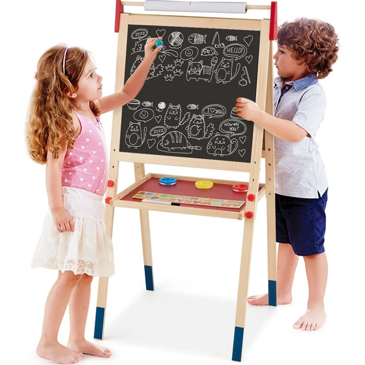 3-in-1 Maltafel für Kinder Doppelseitige Standtafel mit Whiteboard Natur