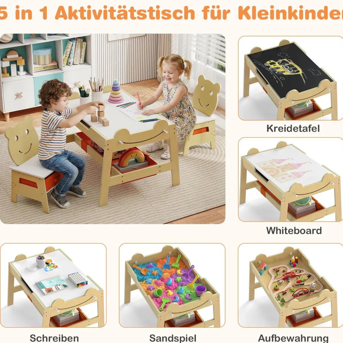 5 in 1 Maltisch mit Wendbarer Tafel & Whiteboard Kindersitzgruppe in Bärenform mit Stauraum Natur