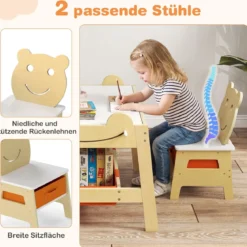 5 in 1 Maltisch mit Wendbarer Tafel & Whiteboard Kindersitzgruppe in Bärenform mit Stauraum Natur