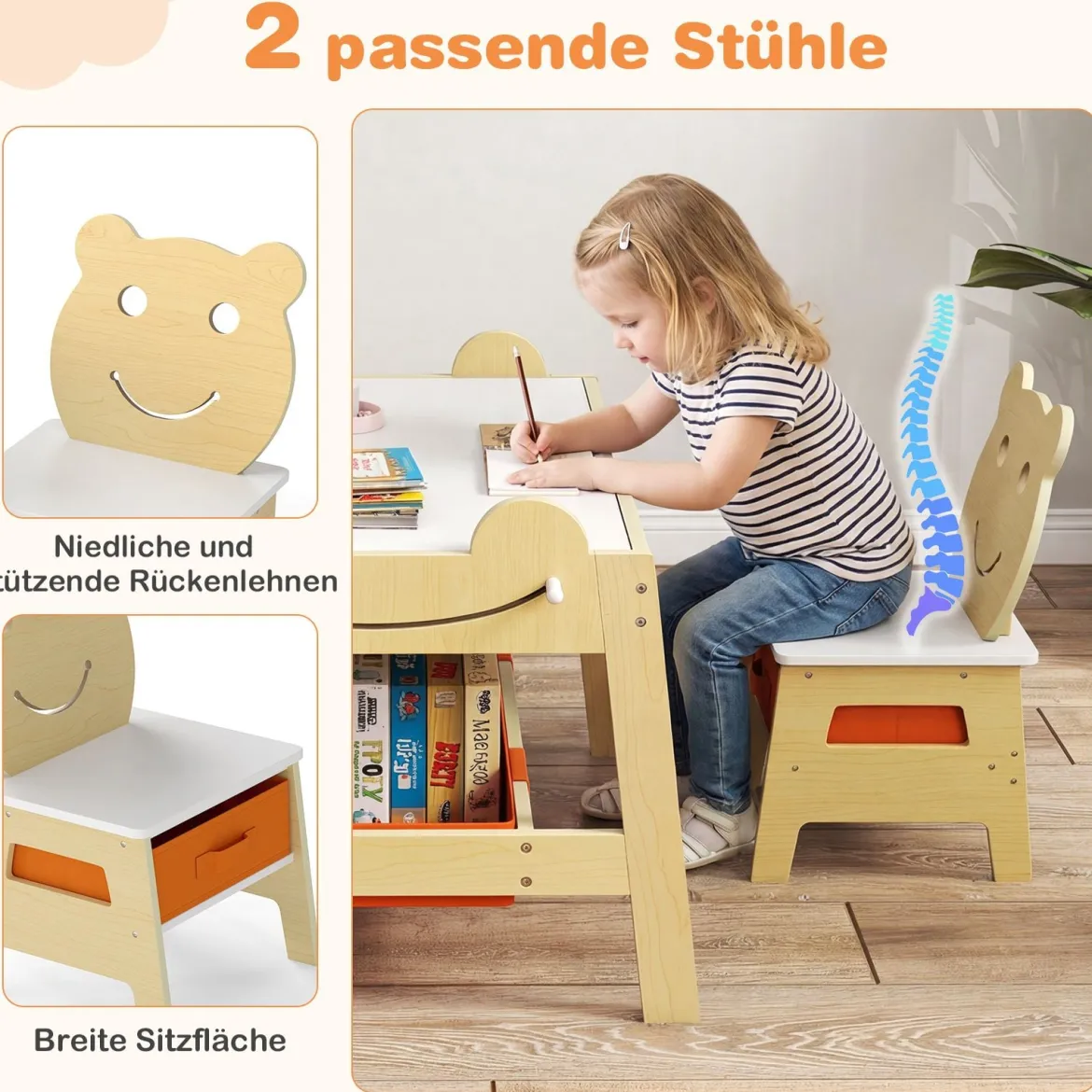 5 in 1 Maltisch mit Wendbarer Tafel & Whiteboard Kindersitzgruppe in Bärenform mit Stauraum Natur