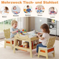 5 in 1 Maltisch mit Wendbarer Tafel & Whiteboard Kindersitzgruppe in Bärenform mit Stauraum Natur