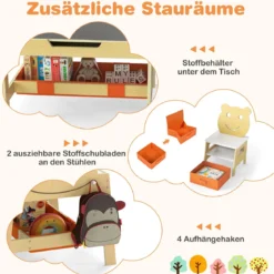 5 in 1 Maltisch mit Wendbarer Tafel & Whiteboard Kindersitzgruppe in Bärenform mit Stauraum Natur