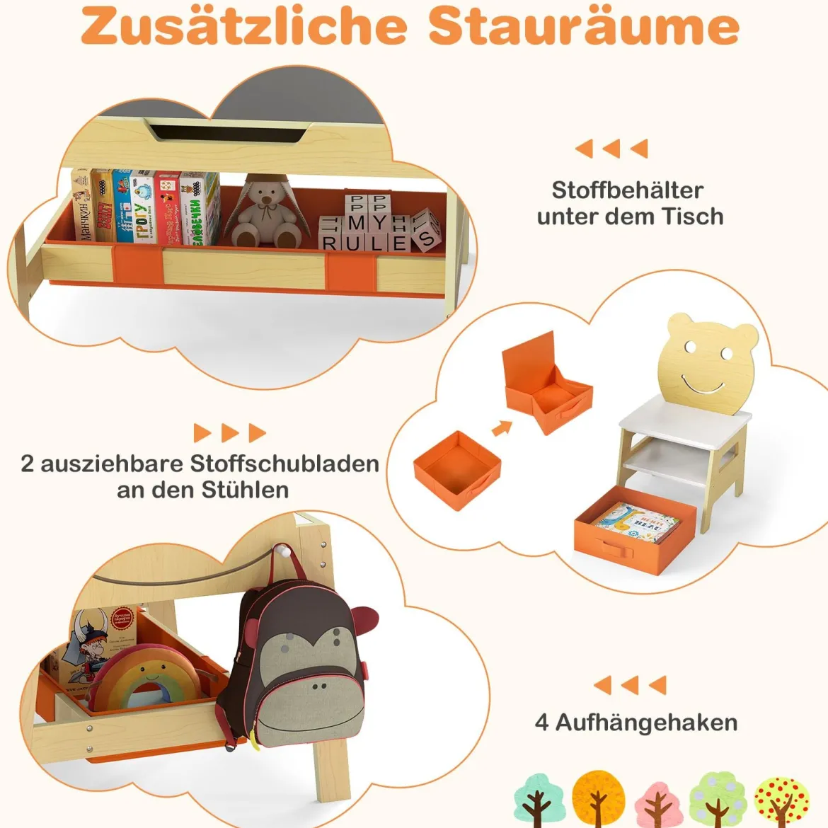 5 in 1 Maltisch mit Wendbarer Tafel & Whiteboard Kindersitzgruppe in Bärenform mit Stauraum Natur