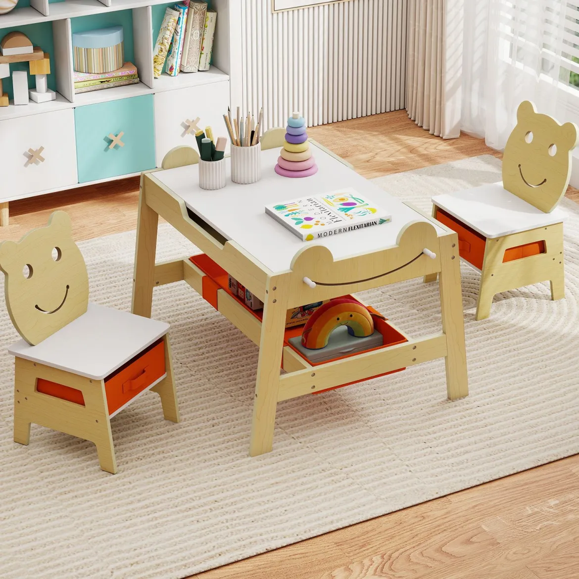 5 in 1 Maltisch mit Wendbarer Tafel & Whiteboard Kindersitzgruppe in Bärenform mit Stauraum Natur