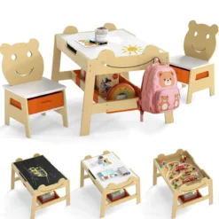 5 in 1 Maltisch mit Wendbarer Tafel & Whiteboard Kindersitzgruppe in Bärenform mit Stauraum Natur