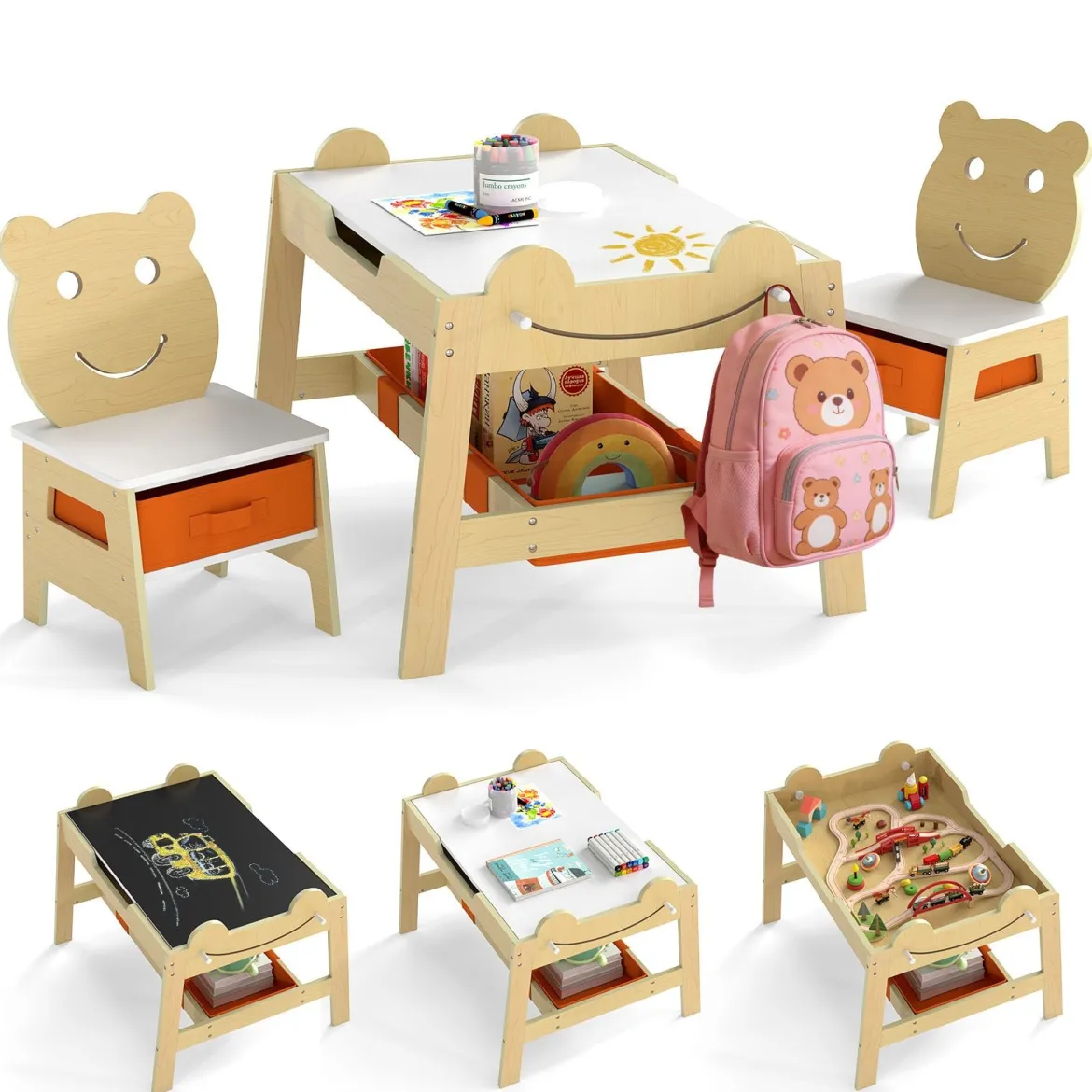 5 in 1 Maltisch mit Wendbarer Tafel & Whiteboard Kindersitzgruppe in Bärenform mit Stauraum Natur