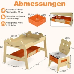 5 in 1 Maltisch mit Wendbarer Tafel & Whiteboard Kindersitzgruppe in Bärenform mit Stauraum Natur
