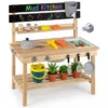 2 in 1 Matschküche Holz Spielküche mit Verschiebbarer Tafel Spülbecken Küchenutensilien und Zubehör