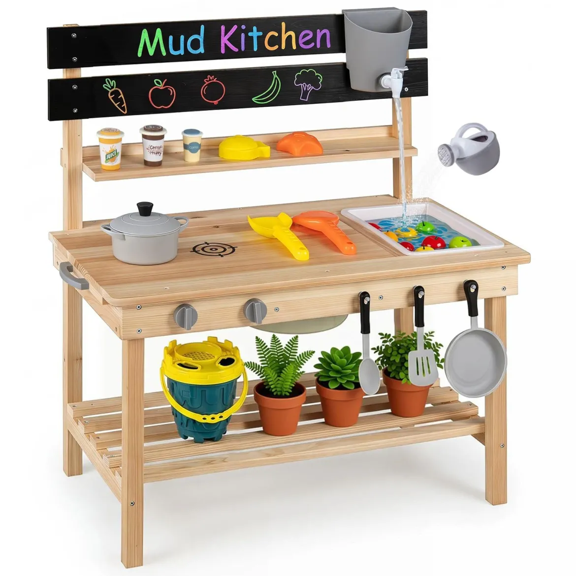 2 in 1 Matschküche Holz Spielküche mit Verschiebbarer Tafel Spülbecken Küchenutensilien und Zubehör