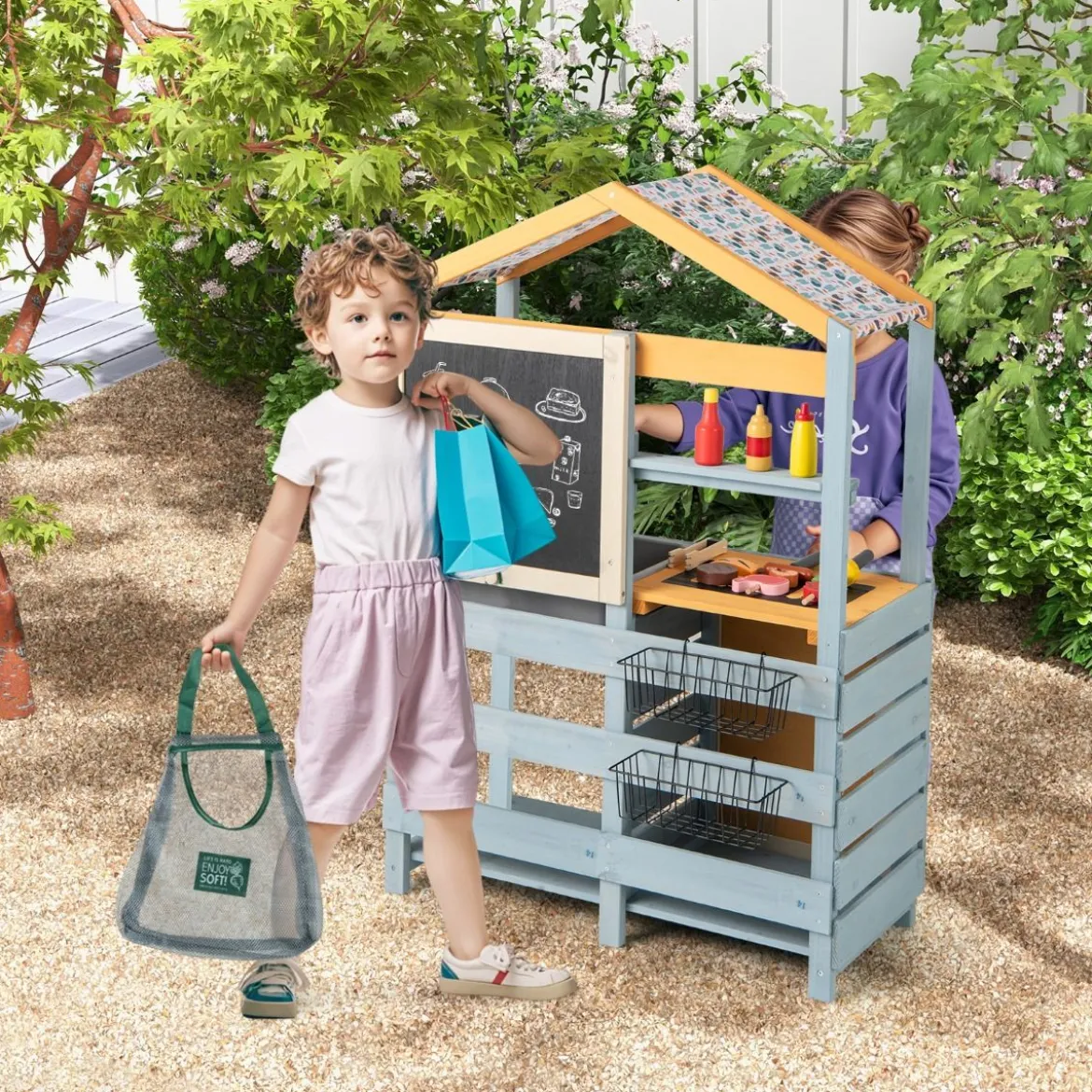 2-IN-1 Matschküche Kinder Outdoor Kinderküche Holz mit Tasche & Körben 75 x 34 x 111 cm Multicolor