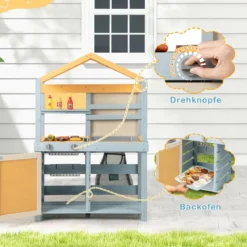 2-IN-1 Matschküche Kinder Outdoor Kinderküche Holz mit Tasche & Körben 75 x 34 x 111 cm Multicolor