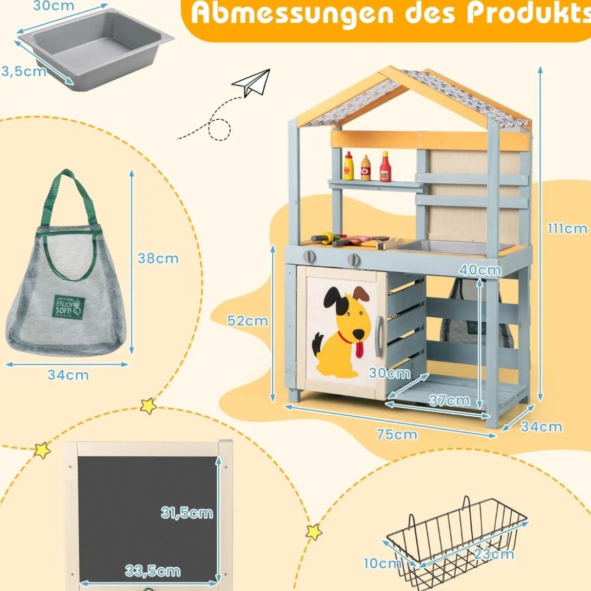 2-IN-1 Matschküche Kinder Outdoor Kinderküche Holz mit Tasche & Körben 75 x 34 x 111 cm Multicolor