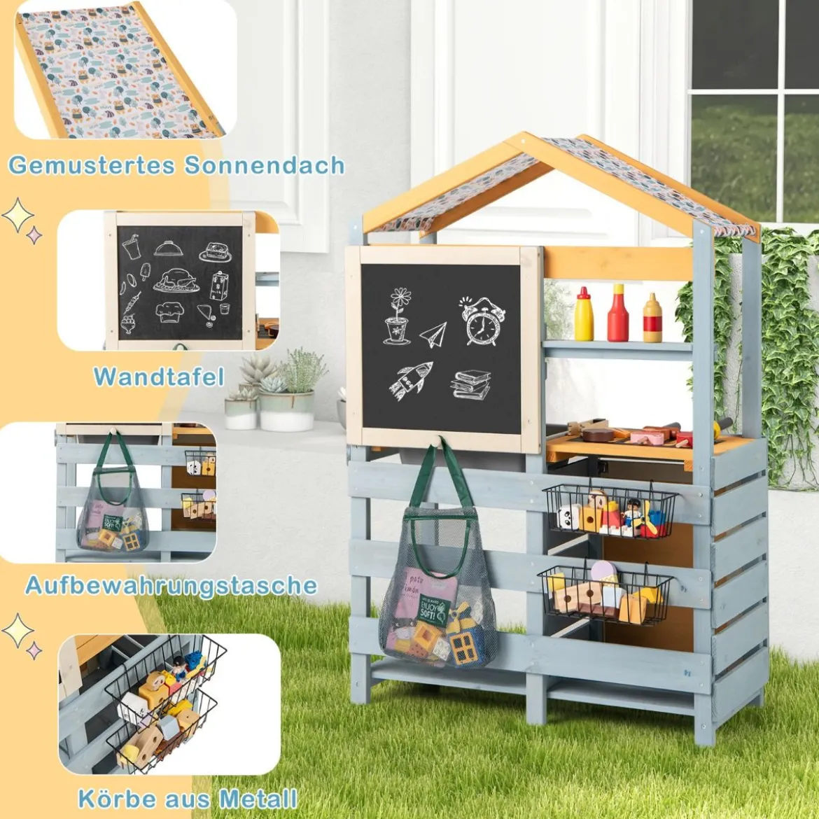 2-IN-1 Matschküche Kinder Outdoor Kinderküche Holz mit Tasche & Körben 75 x 34 x 111 cm Multicolor
