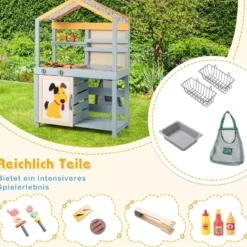 2-IN-1 Matschküche Kinder Outdoor Kinderküche Holz mit Tasche & Körben 75 x 34 x 111 cm Multicolor