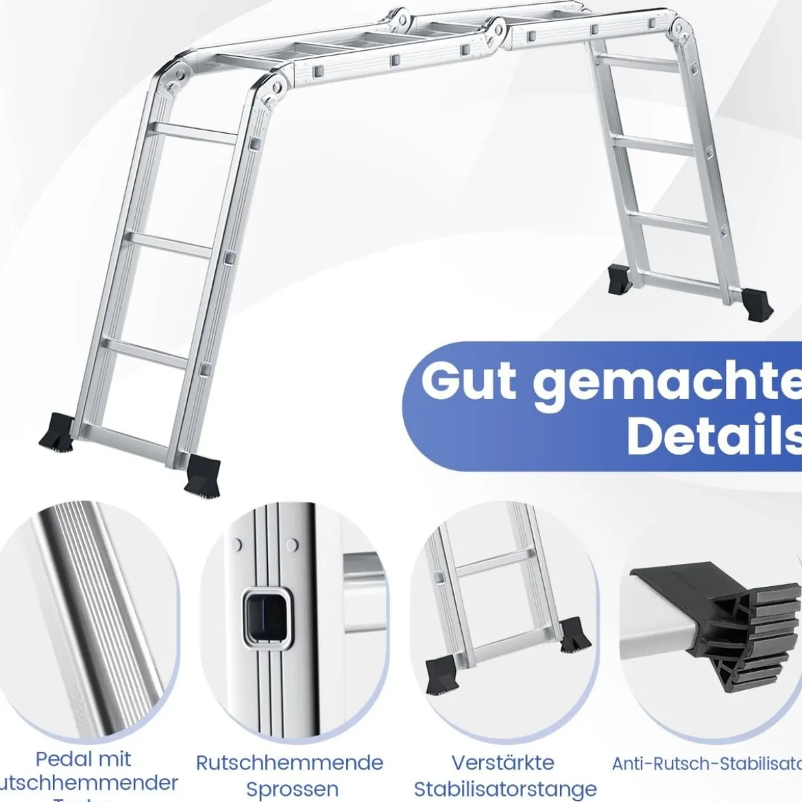 7-in-1 Mehrzweckleiter aus Aluminium Gerüstleiter bis 150 kg belastbar 370,5 cm Silber
