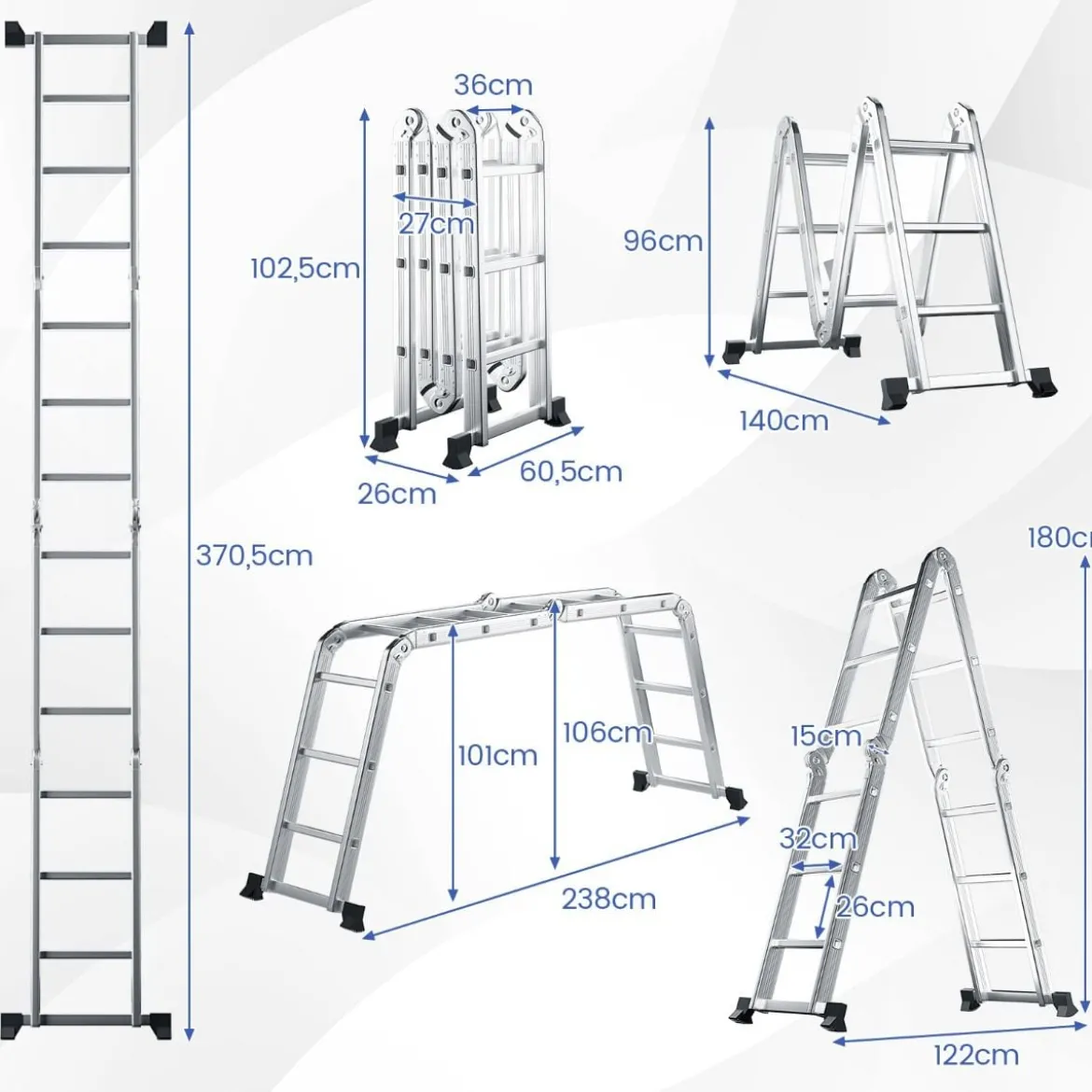 7-in-1 Mehrzweckleiter aus Aluminium Gerüstleiter bis 150 kg belastbar 370,5 cm Silber