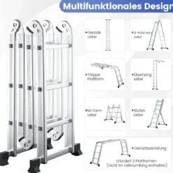 7-in-1 Mehrzweckleiter aus Aluminium Gerüstleiter bis 150 kg belastbar 370,5 cm Silber