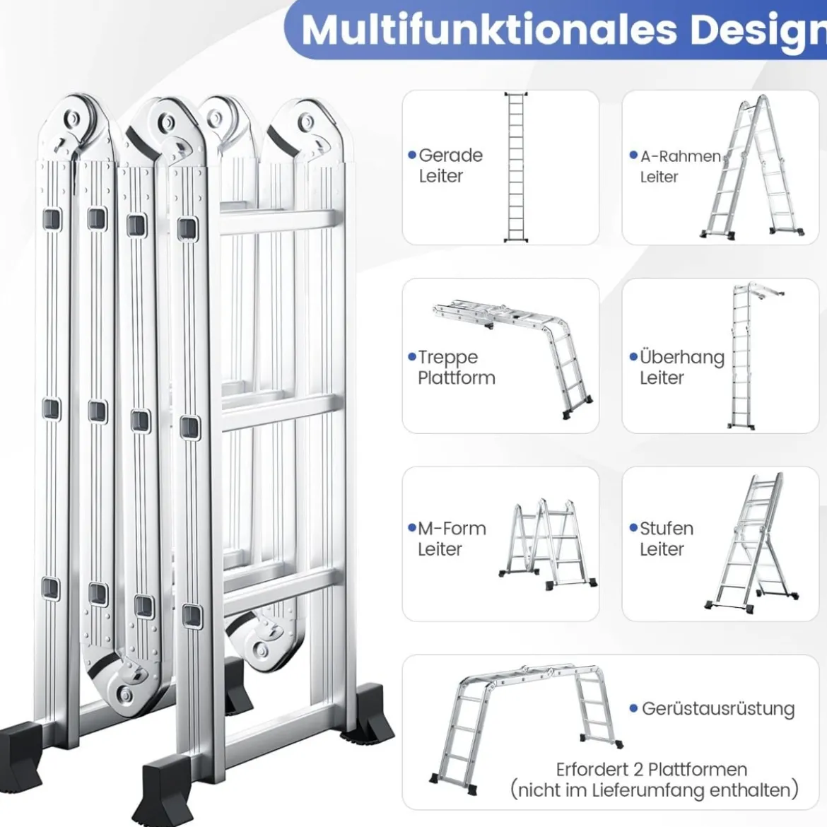 7-in-1 Mehrzweckleiter aus Aluminium Gerüstleiter bis 150 kg belastbar 370,5 cm Silber
