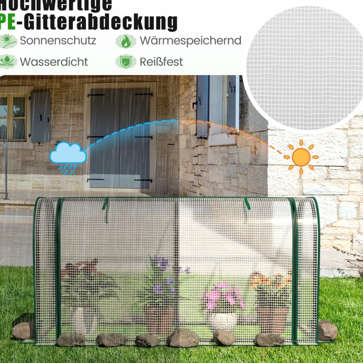 2 in 1 Mini Gewächshaus mit Aufrollbarer Reißverschlusstür PE-Abdeckung für Hochbeet