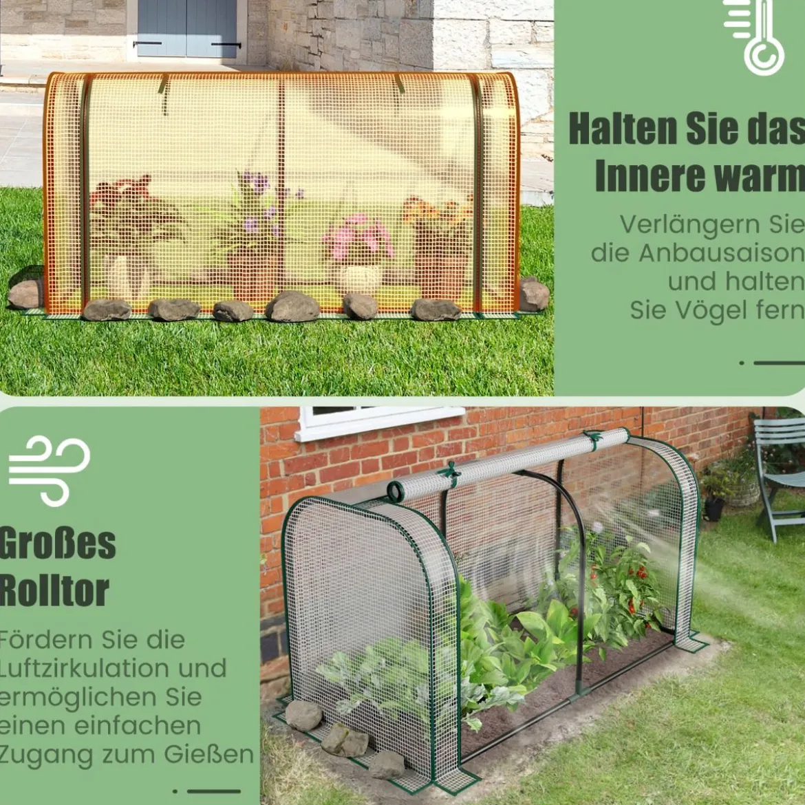 2 in 1 Mini Gewächshaus mit Aufrollbarer Reißverschlusstür PE-Abdeckung für Hochbeet