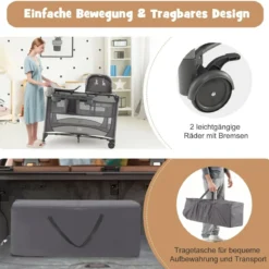5 in 1 Mobile Babybett Wickeltisch & Wiege mit Spielzeug & Matratze & Tragetasche Grau