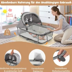 5 in 1 Mobile Babybett Wickeltisch & Wiege mit Spielzeug & Matratze & Tragetasche Grau