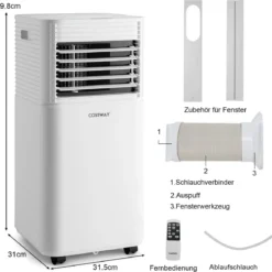 4 in 1 mobile Klimaanlage 9000 BTU Kühlen&Ventilieren&Entfeuchten Klimagerät mit Weißem Deckel 16℃-32℃