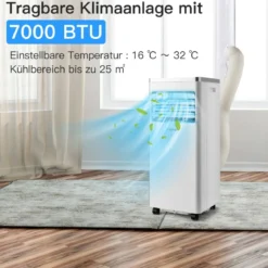 4 in 1 mobile Klimaanlage Kühlen&Ventilieren&Entfeuchten Klimagerät mit Abluftschlauch 7000BTU Weiß