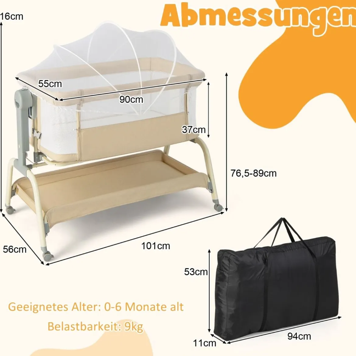 4 in 1 Mobiles Babybett mit Moskitonetz & Matratze & 6 Verstellbaren Höhen Beige