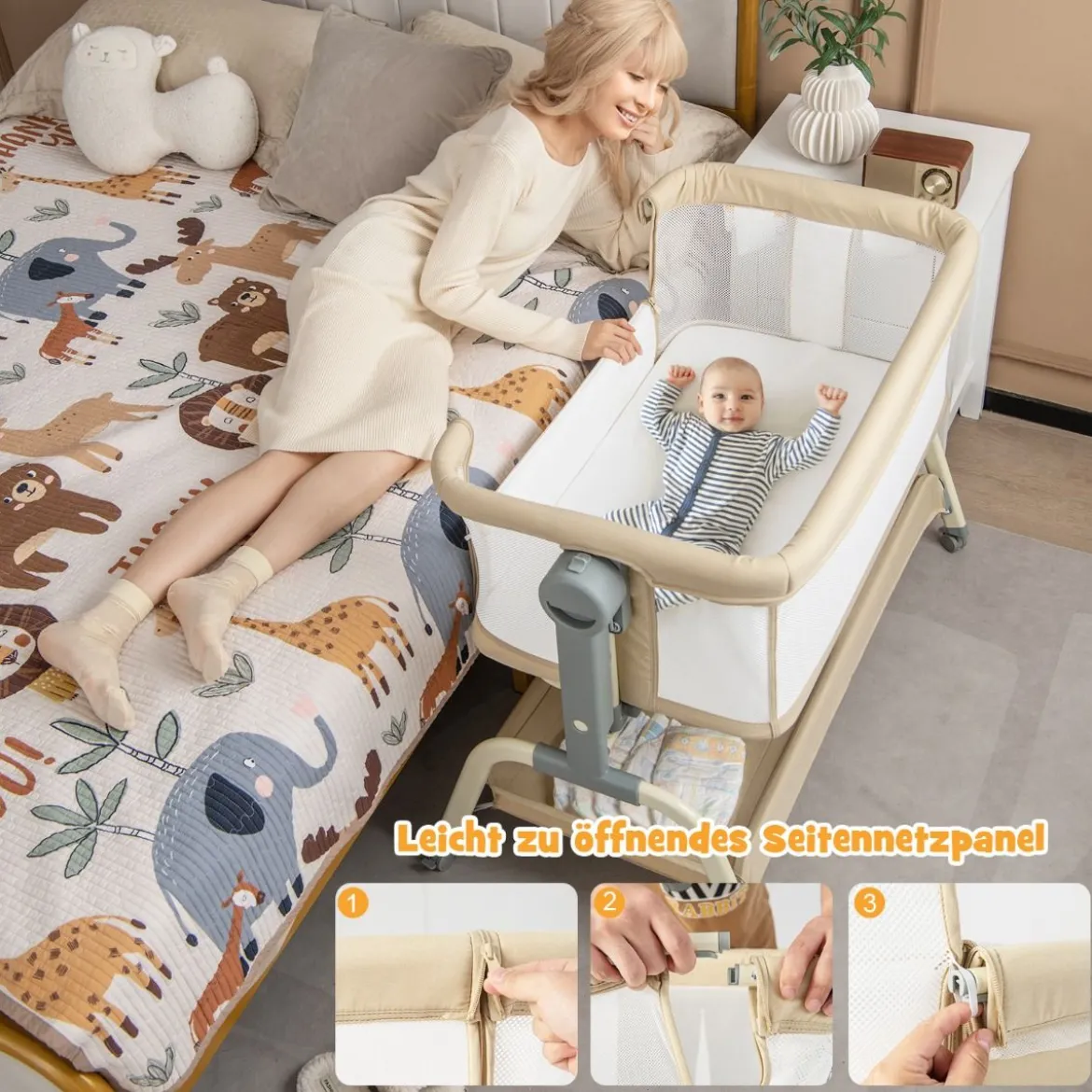 4 in 1 Mobiles Babybett mit Moskitonetz & Matratze & 6 Verstellbaren Höhen Beige