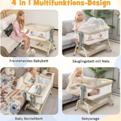 4 in 1 Mobiles Babybett mit Moskitonetz & Matratze & 6 Verstellbaren Höhen Beige