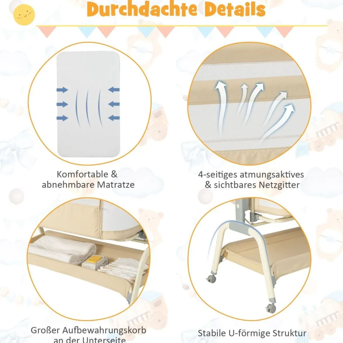 4 in 1 Mobiles Babybett mit Moskitonetz & Matratze & 6 Verstellbaren Höhen Beige