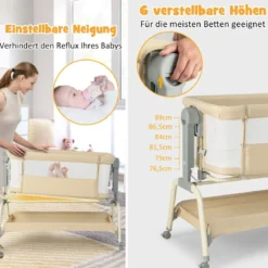 4 in 1 Mobiles Babybett mit Moskitonetz & Matratze & 6 Verstellbaren Höhen Beige