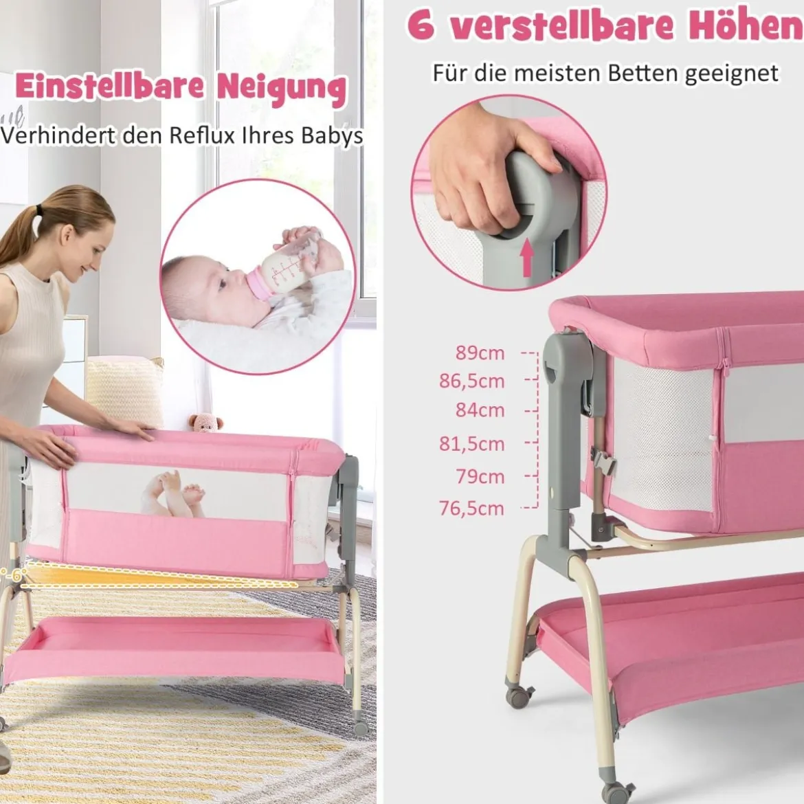 4 in 1 Mobiles Babybett mit Moskitonetz & Matratze & 6 Verstellbaren Höhen Rosa