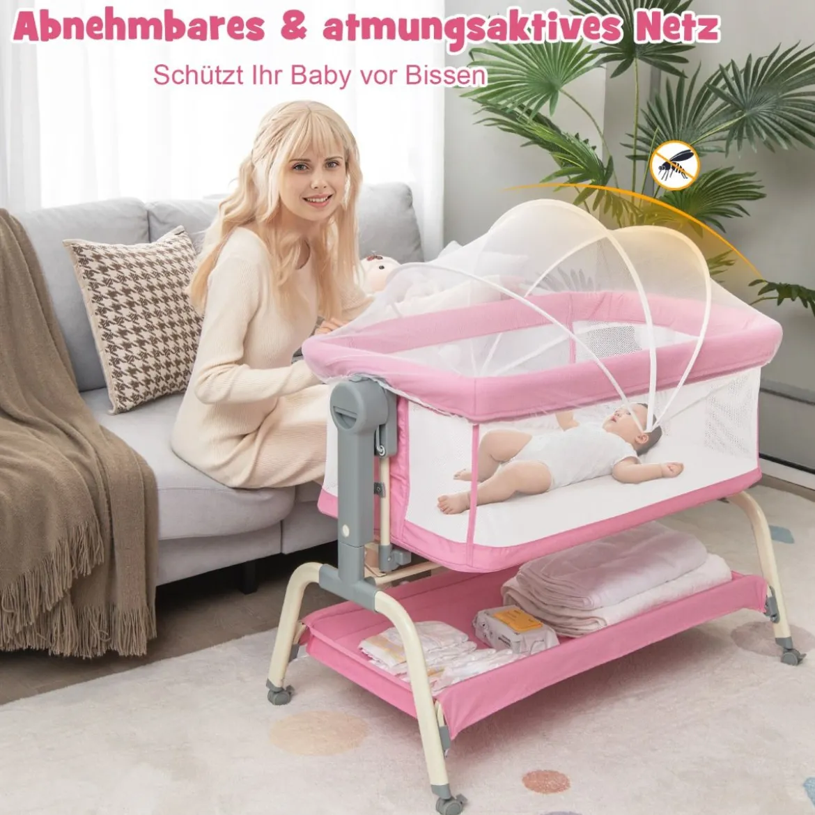 4 in 1 Mobiles Babybett mit Moskitonetz & Matratze & 6 Verstellbaren Höhen Rosa