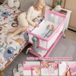 4 in 1 Mobiles Babybett mit Moskitonetz & Matratze & 6 Verstellbaren Höhen Rosa