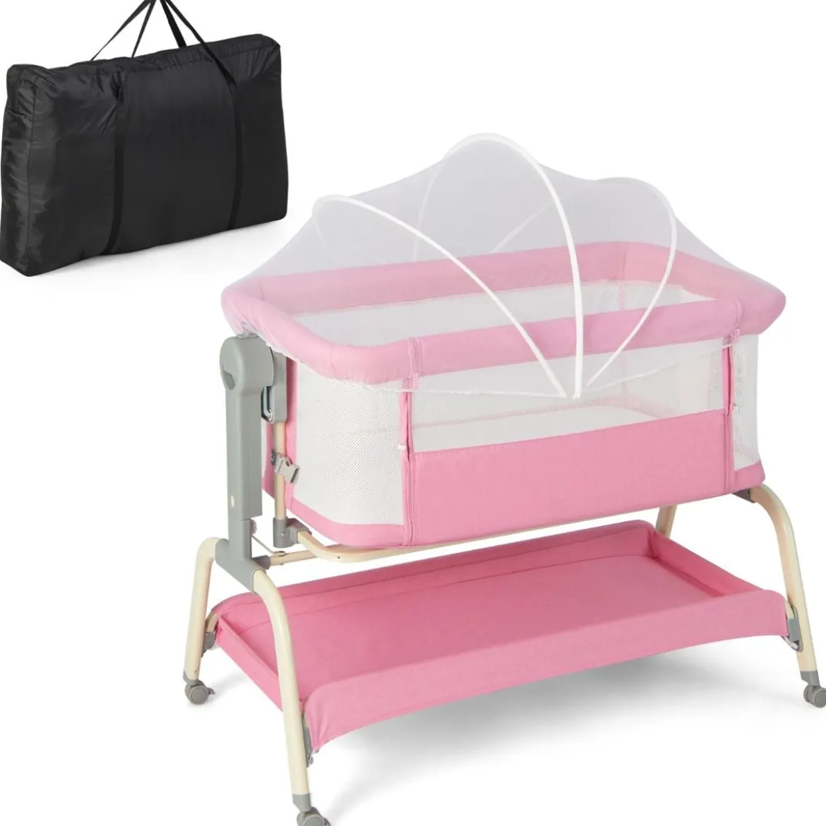 4 in 1 Mobiles Babybett mit Moskitonetz & Matratze & 6 Verstellbaren Höhen Rosa