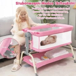 4 in 1 Mobiles Babybett mit Moskitonetz & Matratze & 6 Verstellbaren Höhen Rosa